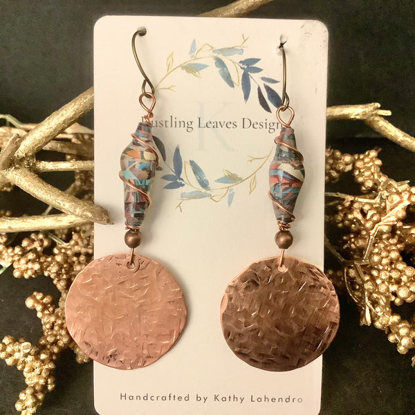 Copper Discs with Rolled Paper Bead Earrings