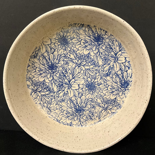 Large Straight Edge Bowl with Blue Chrysanthemums