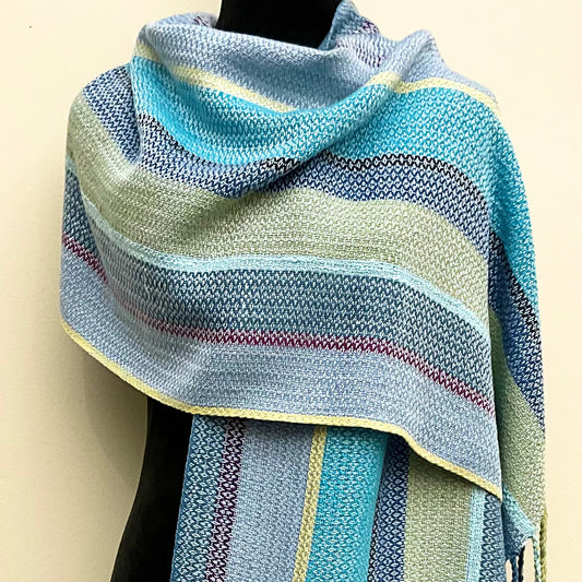 Wide Handwoven Scarf/Shawl in Blue and multi