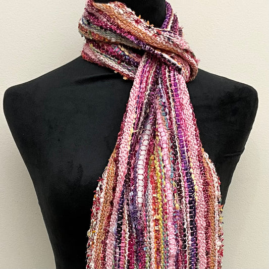 Slender Handwoven Scarf in Brilliant Autumn Pinks & Purples