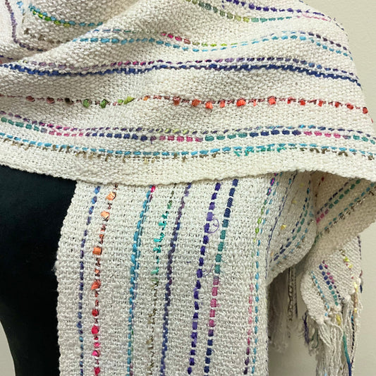 Wide Handwoven Scarf in Cream with Rainbow Stripes