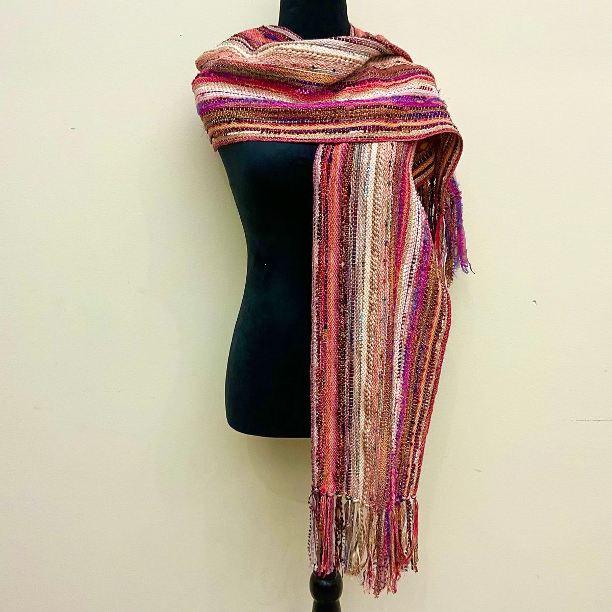 Wide Handwoven Scarf in Brilliant Autumn Pinks & Oranges