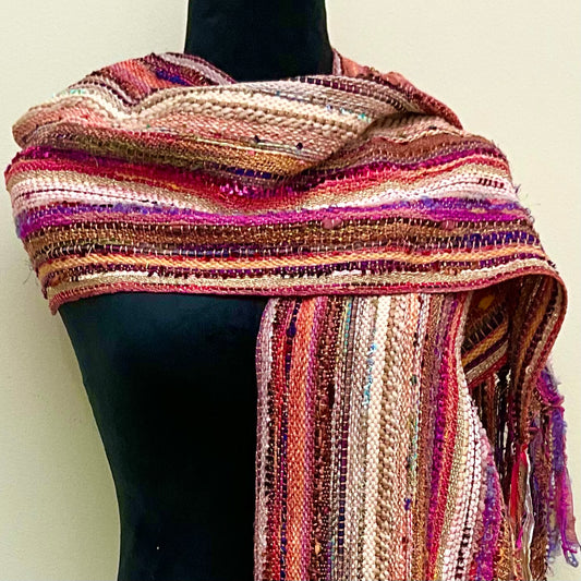 Wide Handwoven Scarf in Brilliant Autumn Pinks & Oranges
