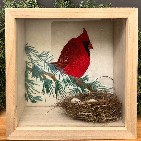 Embroidery Box Cardinal on a Prince Pine Nest and Eggs