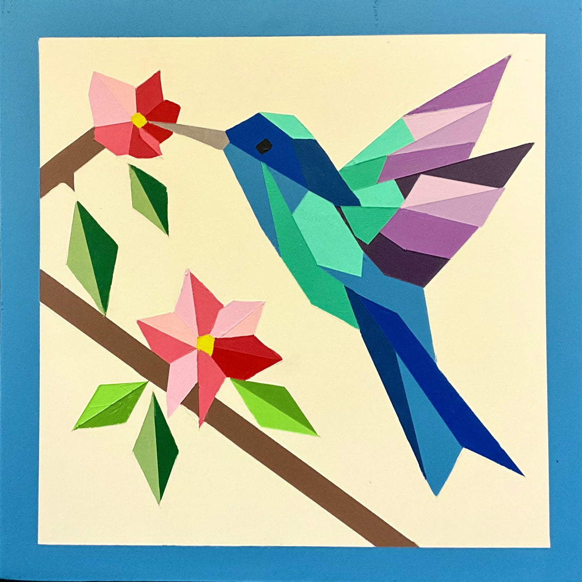 Barn Quilt Hummingbird with Flowers 1’ x 1’