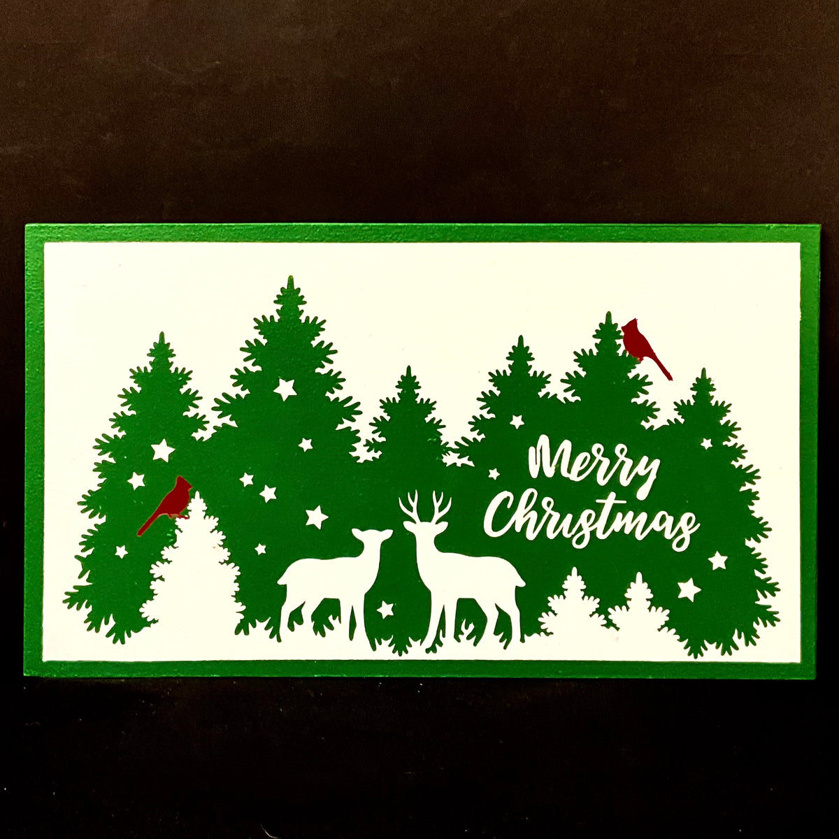 Barn Quilt Cardinals, Deer & Evergreen Trees - “Merry Christmas”