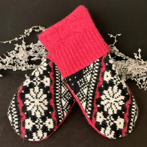 Mittens - Hot Pink, b&w snowflakes Upcycled