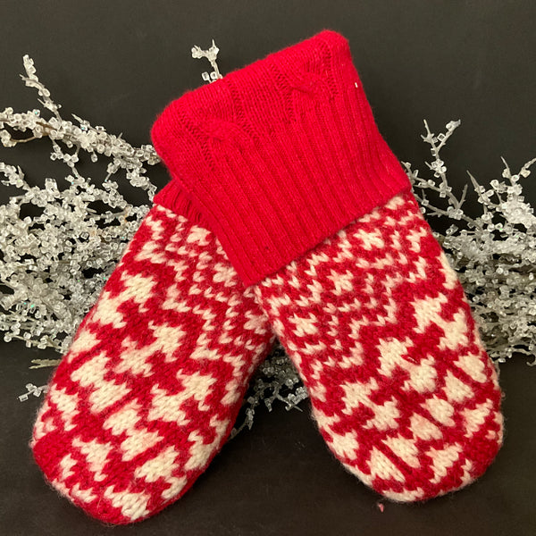 Mittens -Red & White Chevrons Upcycled