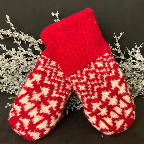 Mittens -Red & White Chevrons Upcycled