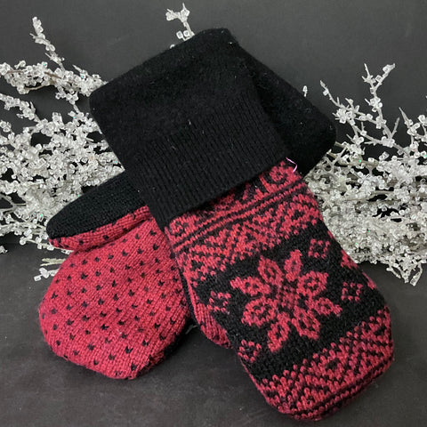 Mittens -Deep Red & Black Starflower - Upcycled