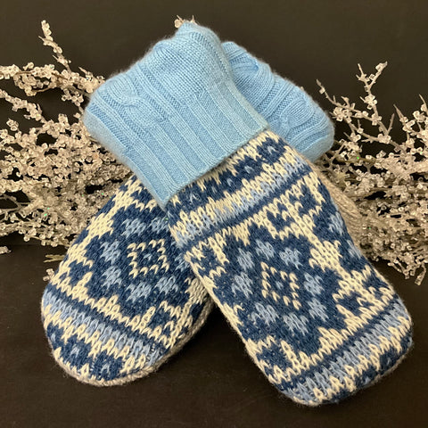 Mittens - Blue, White, Grey Diamond pattern - Upcycled