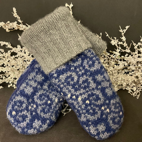 Mittens - Dk. Blue w/ Grey Hearts pattern - Upcycled