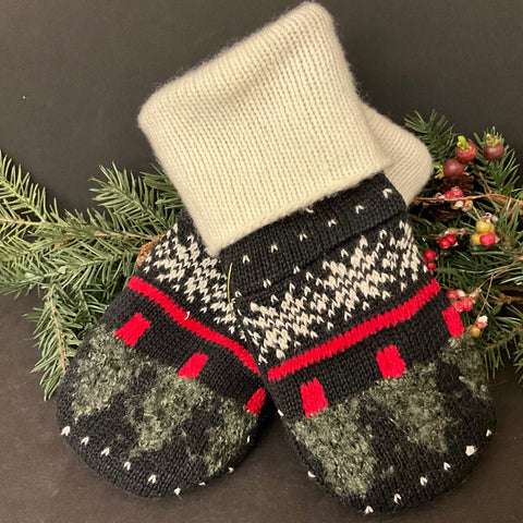 Mittens -B&W with Green & Red Trees - Upcycled