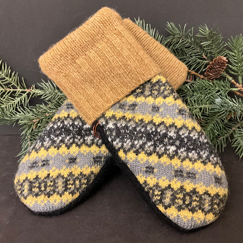 Mittens - Yellow, Gray & Black Upcycled