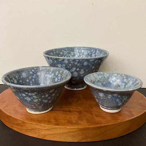 3 Nesting Bowls in Blue & Yellow speckled glaze