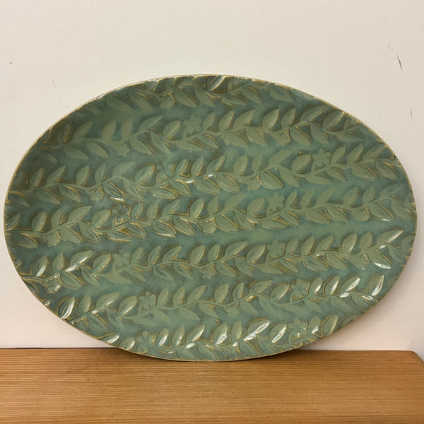 Md. Flower Embossed Turquoise Oval Tray Vine Pattern