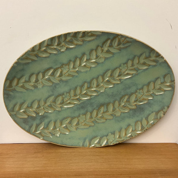 Md. Flower Embossed Turquoise Oval Tray Vine Pattern