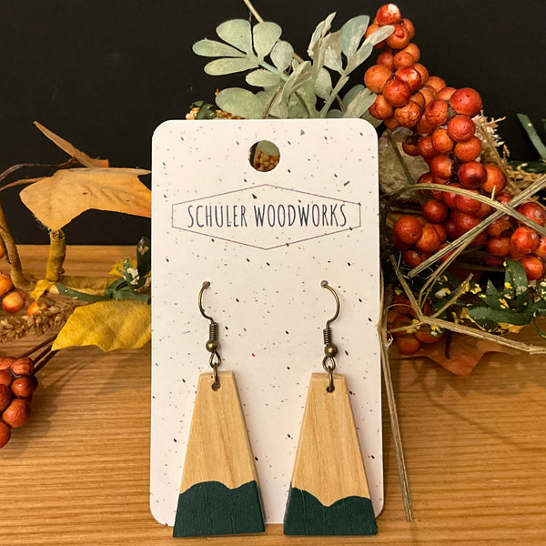 Wood Earrings - trapezoid with forest green