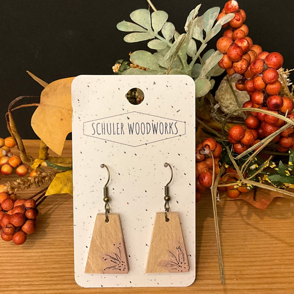 Wood Earrings - trapezoid with beige flowers