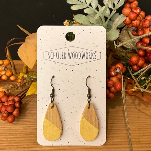 Wood Earrings - teardrop with yellow