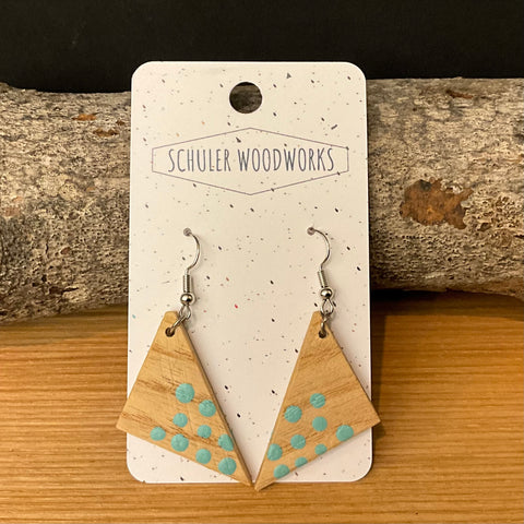 Wood Earrings - triangle with aqua dots