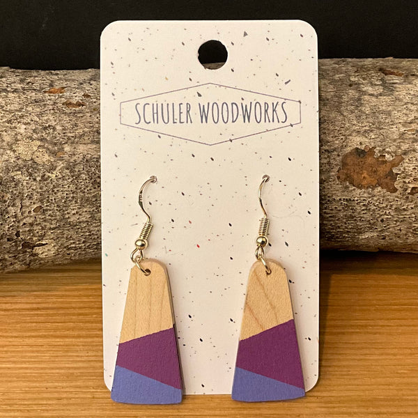 Wood Earrings - trapezoid with purple & periwinkle