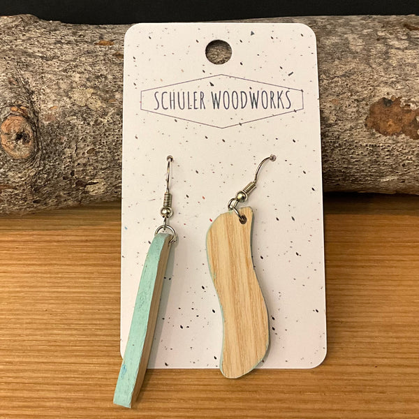 Wood Earrings - squiggles with Aqua