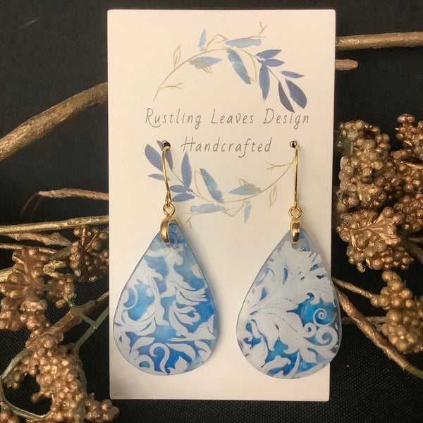 Sky Blue Teardrops w/ white Floral Earrings