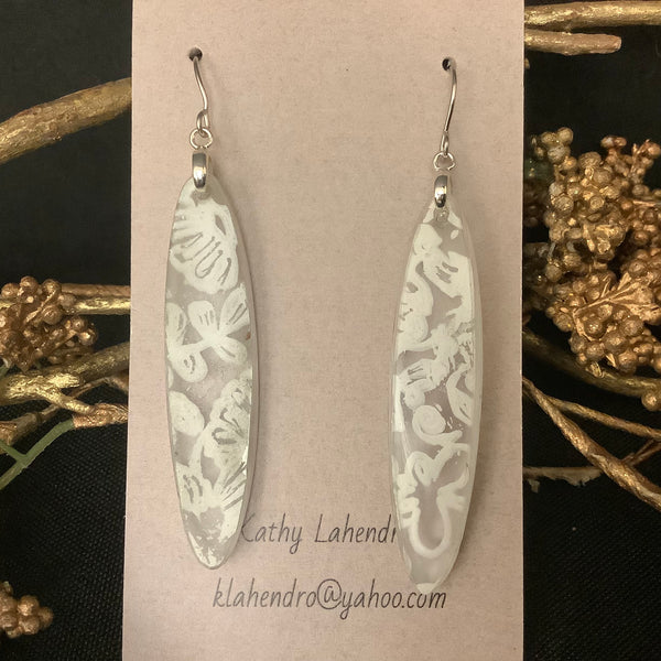 Long Ovals with White Floral design Earrings