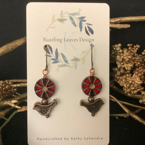 Little Birds with Red Sun Disk Earrings