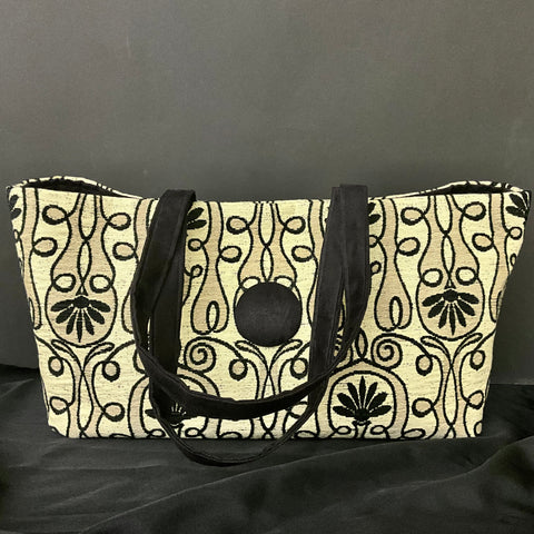 Fabric Envelope Tote in Abstract Floral Pattern in Black and Beige