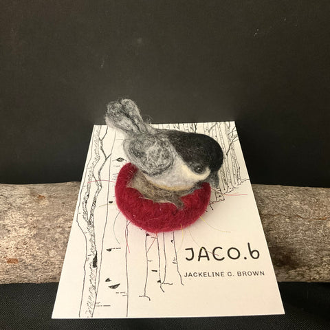 Chickadee in Red Nest Needle Felted Ornament