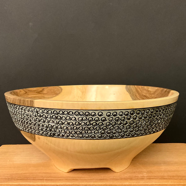 Footed Maple Bowl with Textured Silver Rim