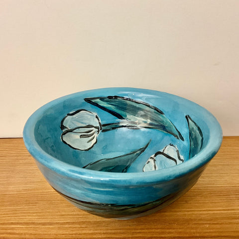 Small Bowl Dark Aqua with White Tulips