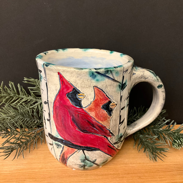 Mug with Carved Spring Cardinal Pair