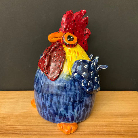 Ceramic Rooster in Blue, Yellow and Red