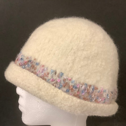 Hand Felted Wool Winter White Hat with Multi Pastel  Muench Band