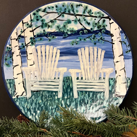 Blue Plate with White Adirondack Chairs & Birches