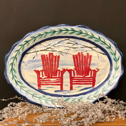 Oval Serving Platter Winter Scene w Red Chairs