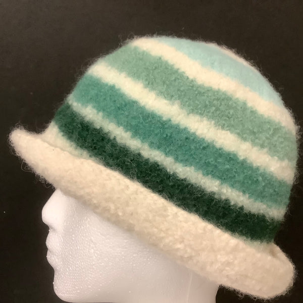 Hand Felted Wool Winter White Hat with Green Stripes