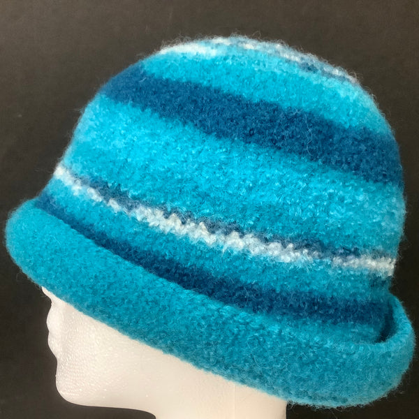 Hand Felted Wool Striped Hat in Turquoise & Blues