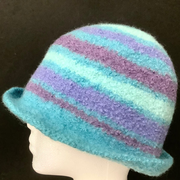 Hand Felted Wool Striped Hat in Blues & Purples