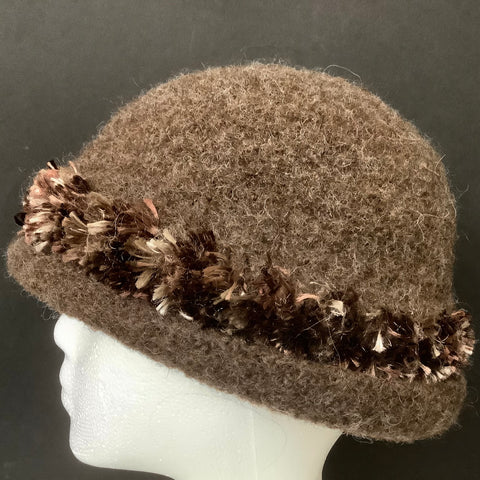 Hand Felted Wool Hat Cocoa Brown w Fringe Band