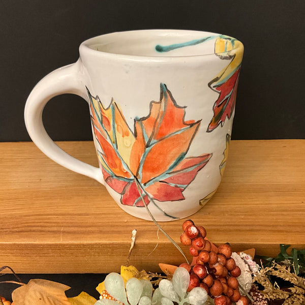 White Mug with Autumn Leaves