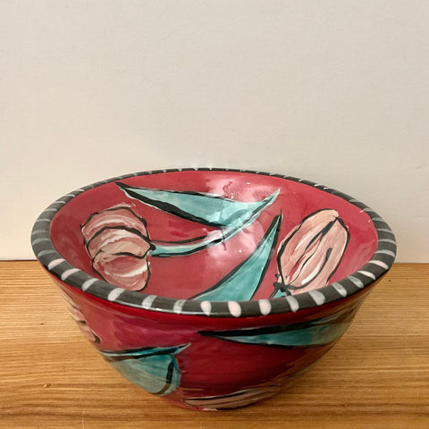 Dk. Red Bowl with pink tulips