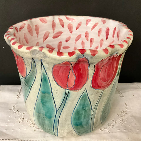 Large Crock with Pink Tulips