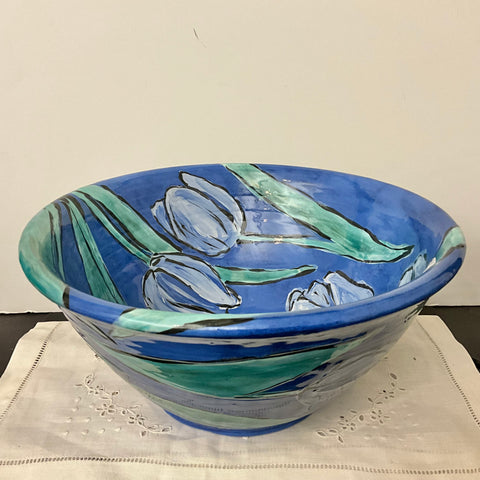 Deep Brilliant Blue Bowl with Blue Tulips