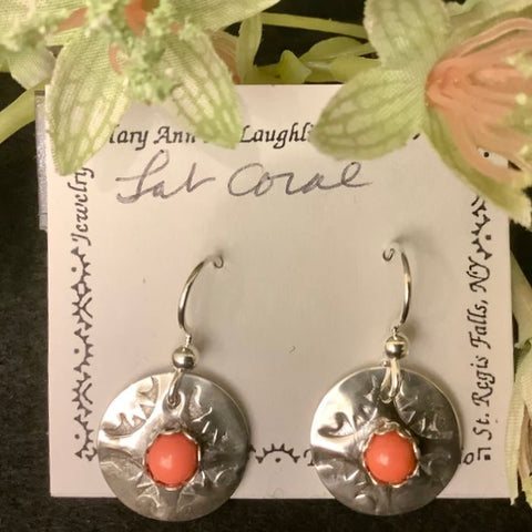 Silver Disc Earring with Lab Created Coral Stones