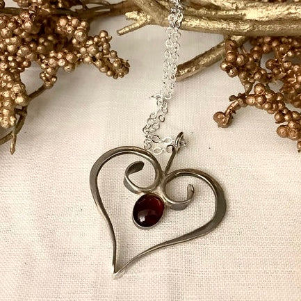 Silver Open Heart Pendant with garnet