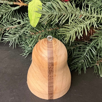 Wooden bell ornament - pale with thin stripe